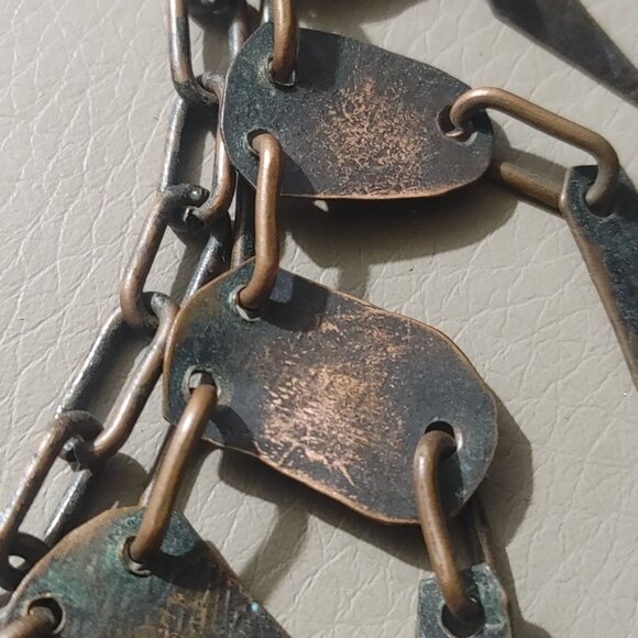 Vintage Brass Bib Necklace Etched Abstract Adjustable Chain Tribal Statement - Picture 7 of 16